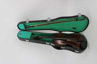 Antique Violin & Bow In Hard Shell Case.