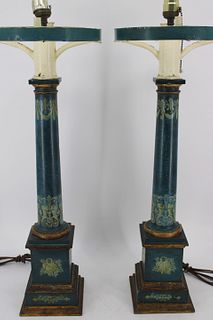 An Antique Hand Painted Wood Columns As Lamps.