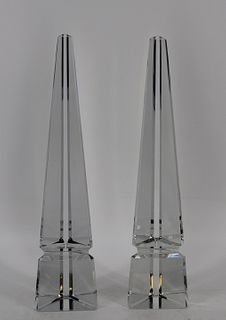 Baccarat Signed Pair of Glass Obelisks.