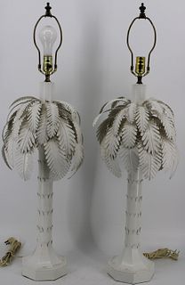 A Vintage Pair of Painted Tole Palm Tree Lamps.