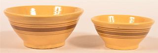 2 Yellowware Mixing Bowls with Brown Bands.