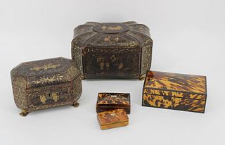 2 Chinoiserie Decorated Tea Caddies & 3 Shell