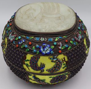 Chinese Enameled Silver and Jade Lidded Box.