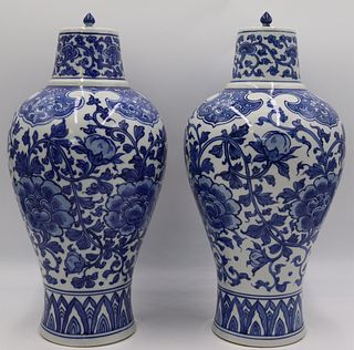 Pair of Chinese Style Blue and White Lidded Jars.