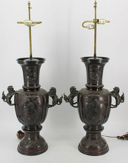 Pair of Large Meiji Bronze Urns Mounted as Lamps.