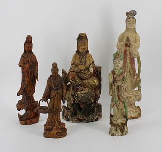 5 Antique Wood Carved & Painted Asian Figures.
