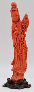 Signed Carved Coral Figure of a Standing Quan Yin.