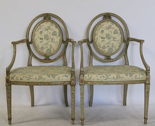 A Pair Of Gustavian Carved & Painted Arm Chairs.