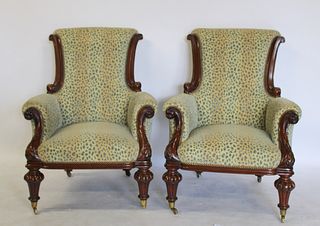 An Antique Pair Of High / Scroll Back Chairs.