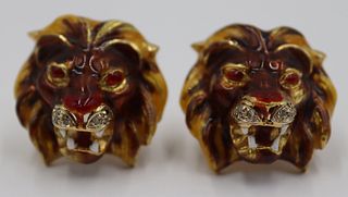 JEWELRY. Pair of 18kt Gold and Enamel Lion's Head