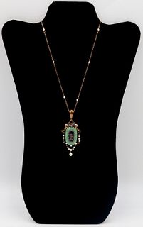 JEWELRY. Antique 18kt Diamond Pearl and Jade?