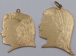 JEWELRY. (2) 14kt Gold Girl Head Silhouette Charms