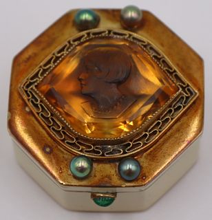 GOLD. Gold, Pearl, and Colored Gem Pill Box.