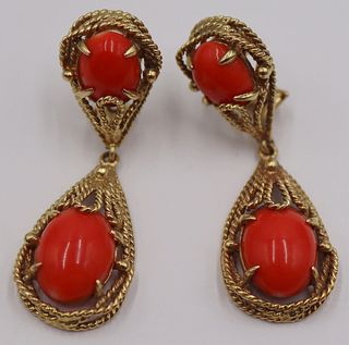 JEWELRY. Pair of 14kt Gold and Coral Drop Earrings