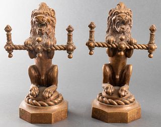 Bronze Figural Ornaments Modeled As Lions, Pair