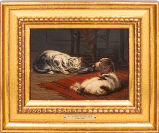 Eugène Verboeckhoven "Cat & Dog" Oil on Panel