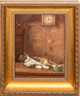 Daniel Merlin "Cat with Yarn" Oil on Canvas