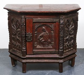 Belgian Gothic Revival Oak Carved Cabinet, 19 C.