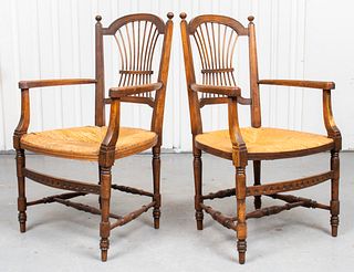American Carved Armchair With Rush Seat, Pair