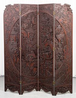Chinese Carved Hardwood Four Panel Screen