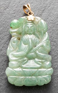 14K Gold Chinese Jade Carved Goddess Pendant