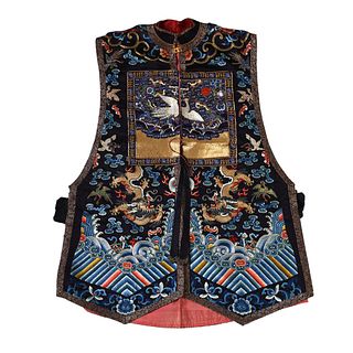 A DARK BLUE-GROUND 'CLOUDS AND DRAGONS' EMBROIDERED VEST