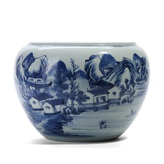 A BLUE AND WHITE 'LANDSCAPE AND FIGURES' WATERPOT