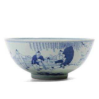 A BLUE AND WHITE 'FIGURES' BOWL