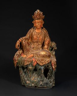 Bodhisattva figure; China, 18th-19th centuries.
Carved and polychrome wood with fine gold.