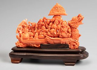 Boat with the seven wise men. China, 20th century.
Coral.
Weight: 350 gr. (with base).