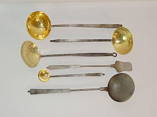 Six Wrought Iron and Brass Kitchen Utensils
