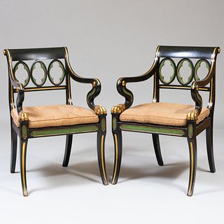 Pair of Regency Style Green Painted and Parcel-Gilt Armchairs