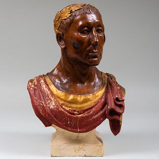 Continental Carved Oak and Polychrome Bust of Caesar
