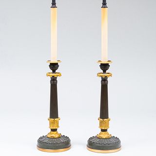 Pair of Charles X Ormolu and Patinated-Bronze Candlestick Lamps