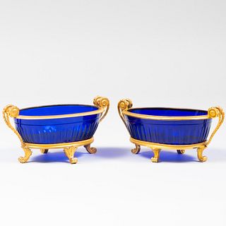 Pair of Continental Gilt-Metal-Mounted Blue Glass Oval Dishes