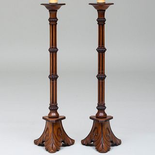 Pair of English Carved Wood Candlestick Lamps