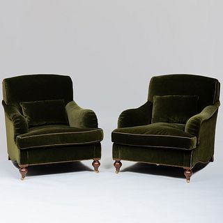 Pair of Green Mohair Upholstered Club Chairs, A. Schneller & Sons