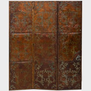 Spanish Gilt-Decorated Stamped and Tooled Leather Three Panel Screen