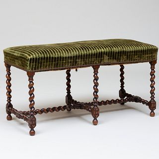 William and Mary Style Mahogany Bench with Green Velvet Upholstery