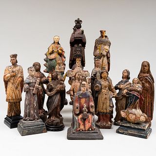 Group of Sixteen Polychromed Carved Wood Devotional Figures