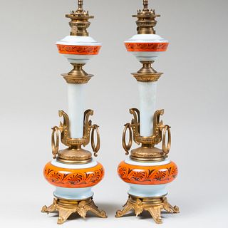 Pair of French Gilt-Metal-Mounted Enameled Opaline Glass Lamps