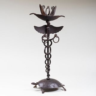 Folk Art Wrought Iron Oil Lamp on Stand