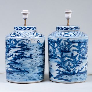 Pair of Chinese Blue and White Jars Mounted as Lamps