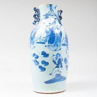 Chinese Celadon Ground Blue and White Decorated Porcelain Vase