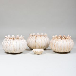 Set of Three Indian Carved Marble Lotus Form Planters