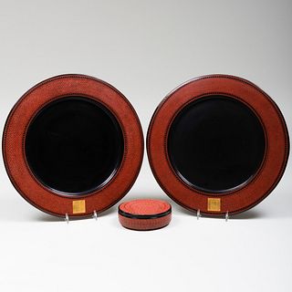 Pair of Asian Lacquer Chargers and a Set of Six Coasters