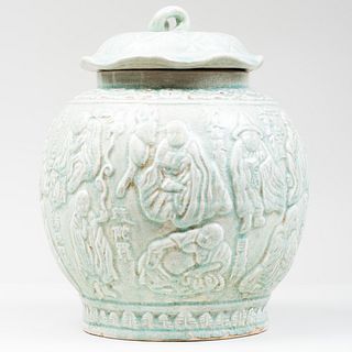 Two Chinese Celadon Crackle Glaze Jars and a Cover