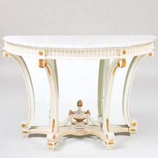 Pair of Louis XVI Style Painted and Parcel-Gilt Demilune Consoles, of Recent Manufacture