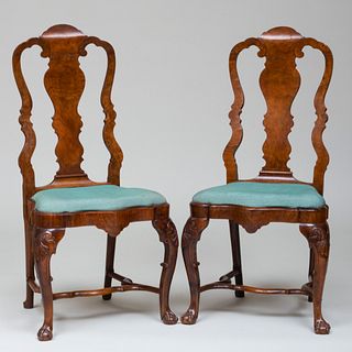 Pair of Dutch Rococo Style Pine and Walnut Side Chairs