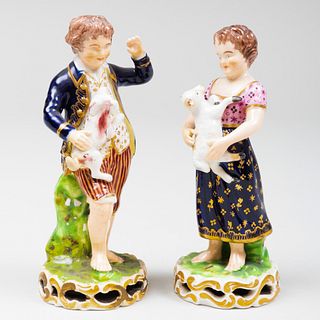 Pair of Bloor Derby Porcelain Figures of Child Shepherd and Companion
